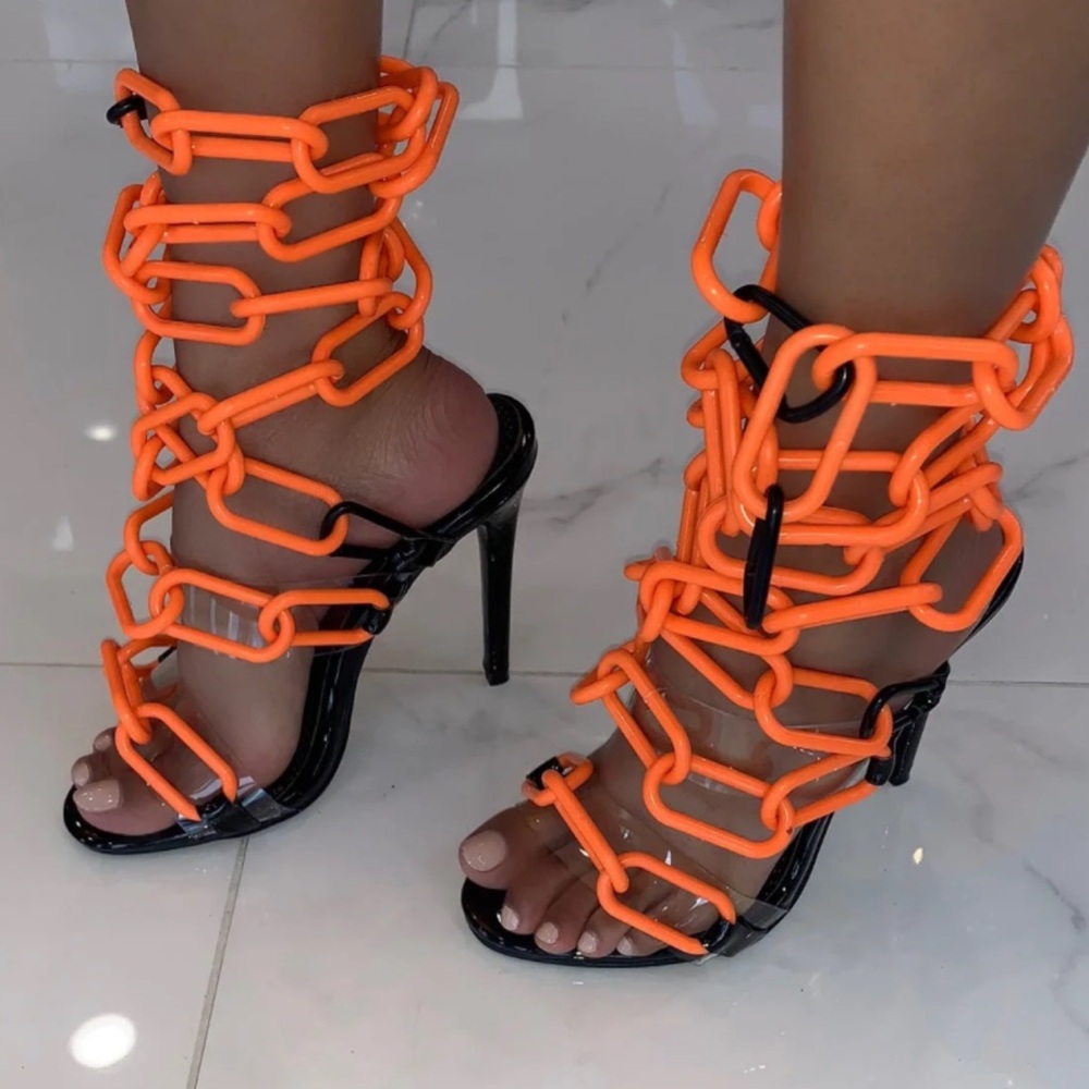 Orange Chain-Strap High Heel Sandals - Women